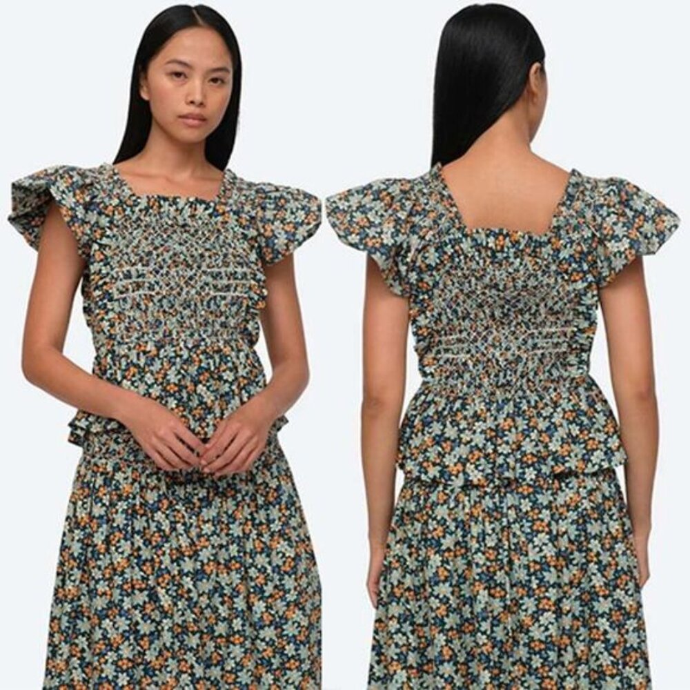NEW Sea New York Peggy Flutter Sleeves Floral Smocked Top Forrest Size: XS